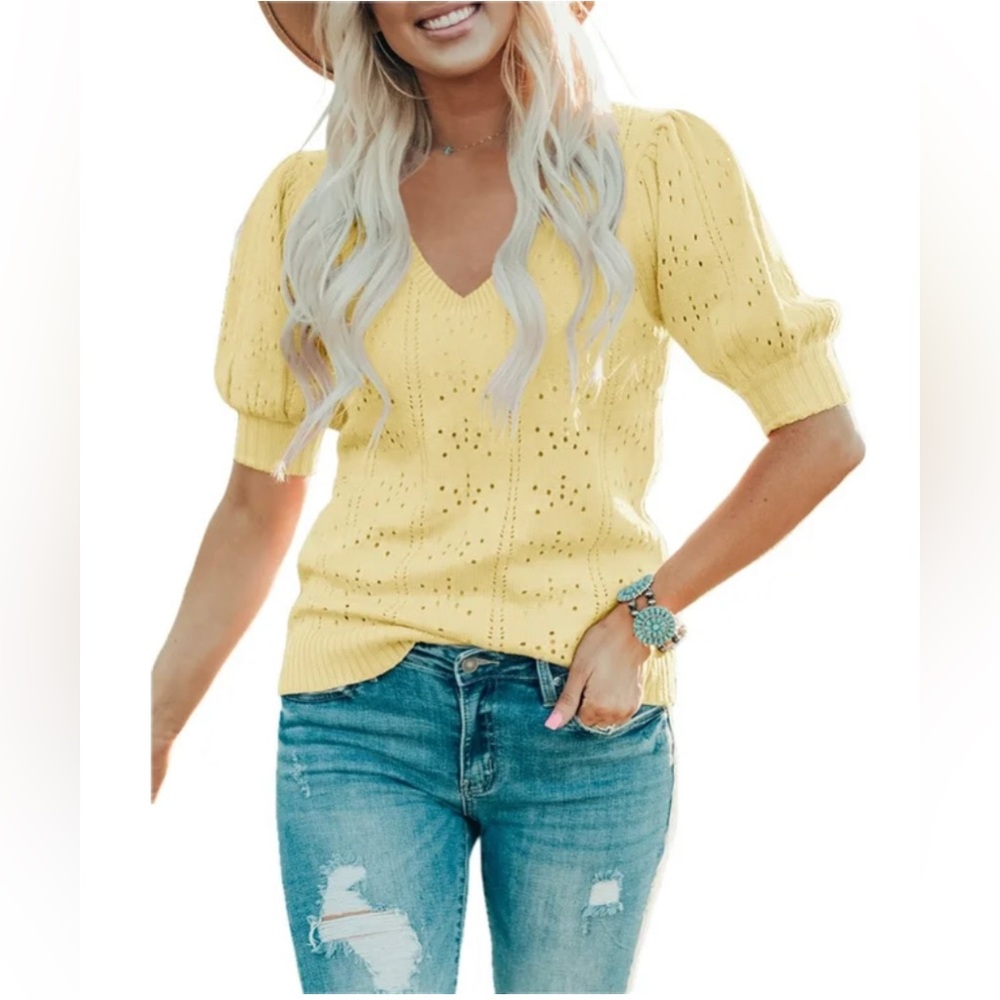 Yellow puff sleeve v neck sweater large